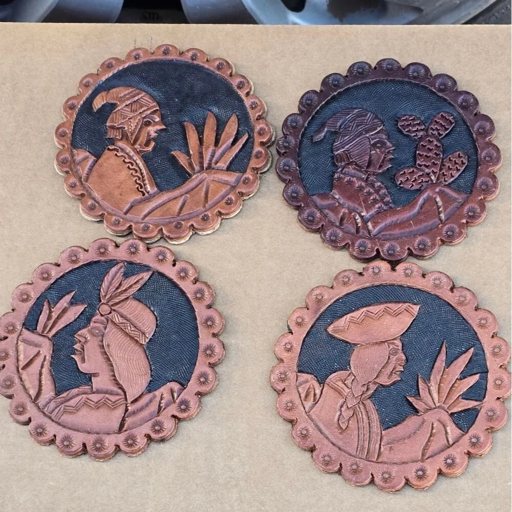 Hand‑Tooled Leather Coaster Set of 4 – Peruvian Character Designs